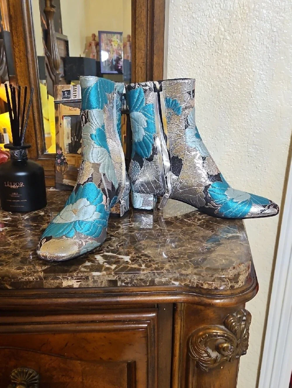 Metallic Floral Ankle Boots in Teal & Silver - Women
